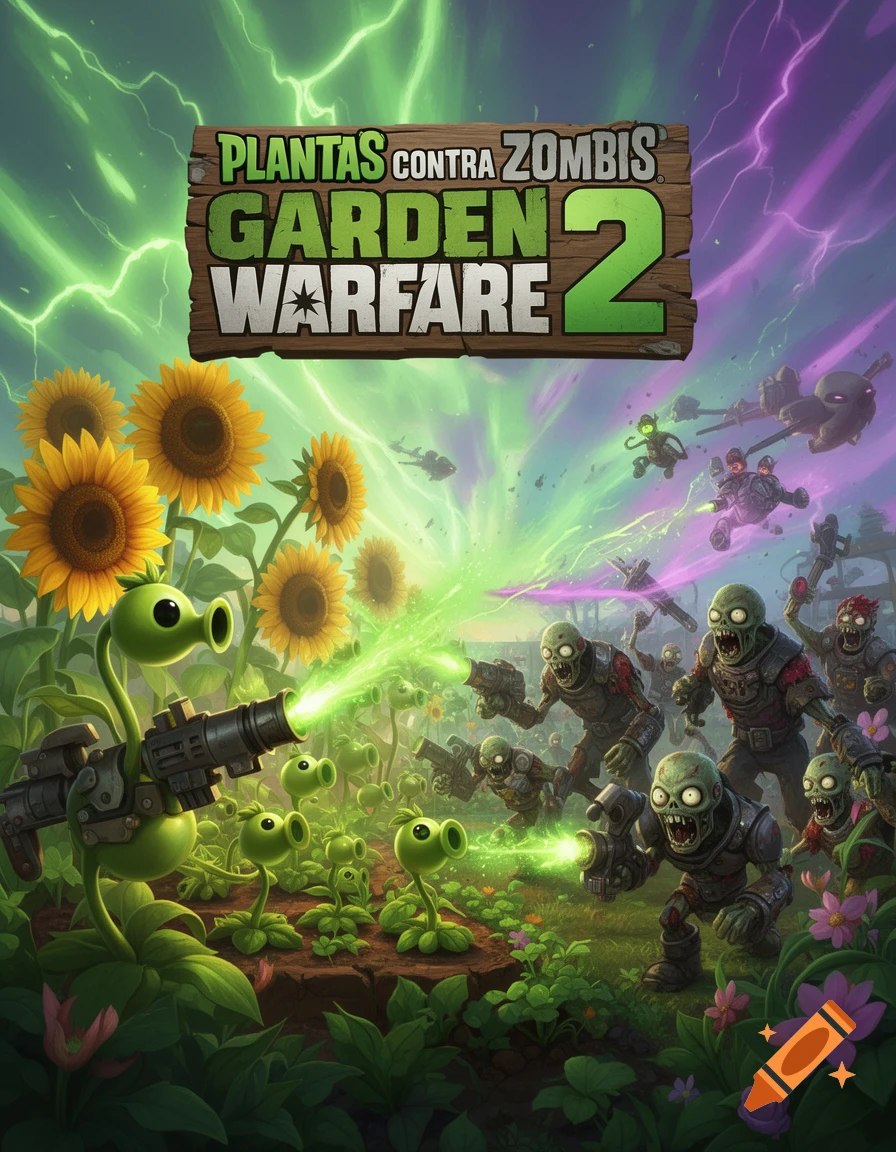 Cover art for 'Plants vs. Zombies Garden Warfare 2' showing armed plants fighting zombies in a garden battle with lightning.