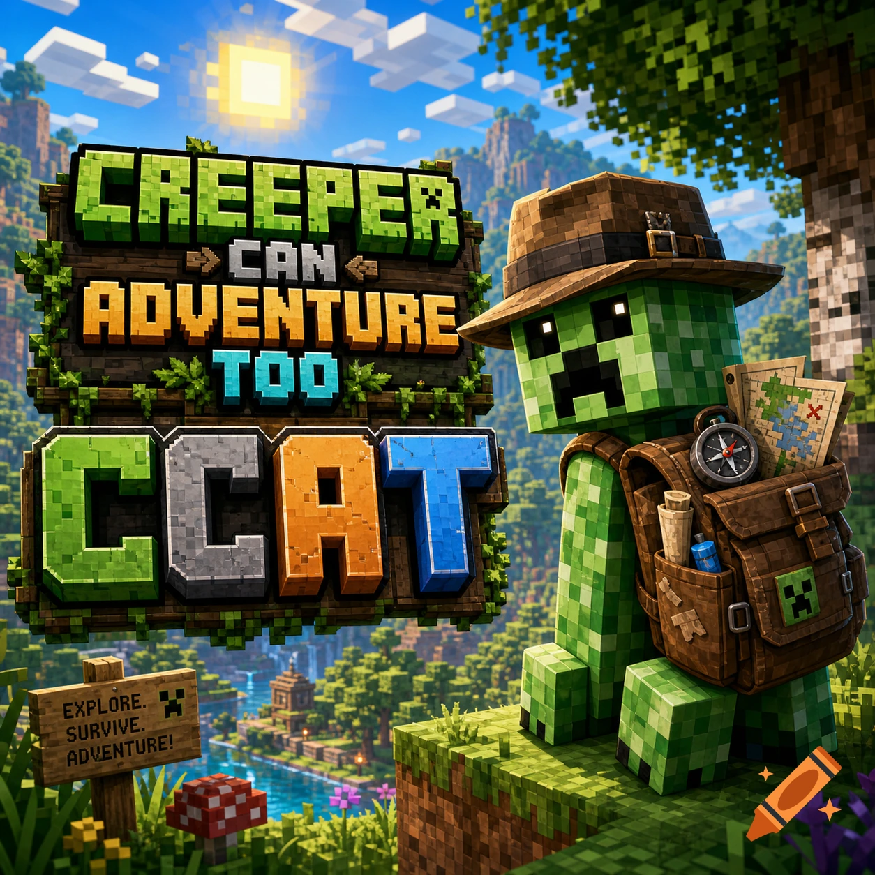 A Minecraft Creeper in an adventurer hat and backpack stands next to a wooden sign reading 'CREEPER CAN ADVENTURE TOO CCAT' in a blocky, lush landscape. Another small sign reads 'EXPLORE. SURVIVE. ADVENTURE!'.