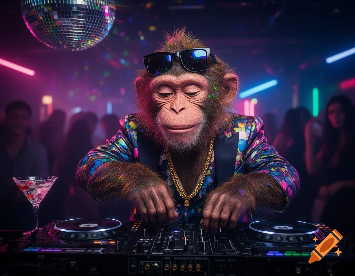 A cool chimpanzee wearing sunglasses, a colorful blazer, and a gold chain, DJs at a vibrant nightclub with a disco ball and neon lights.