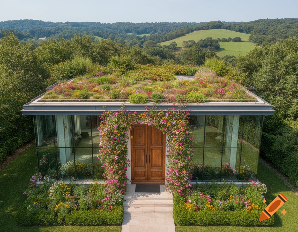 Aerial view of a modern house with a green roof full of flowers, glass walls, and a wooden door covered in climbing blossoms, set in a lush landscape.