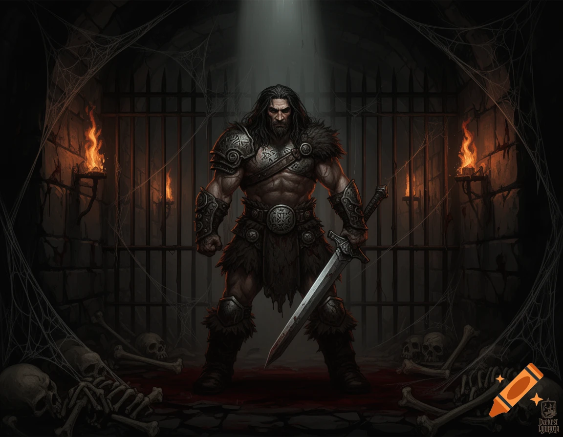 Muscular barbarian warrior with a sword stands in a dark dungeon, surrounded by skeletons and spiderwebs, lit by torches, in a Darkest Dungeon style.