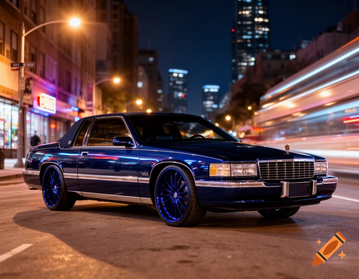 A midnight blue 1992 Cadillac Deville with blue rims parked on a city street at night, with buildings and light trails.