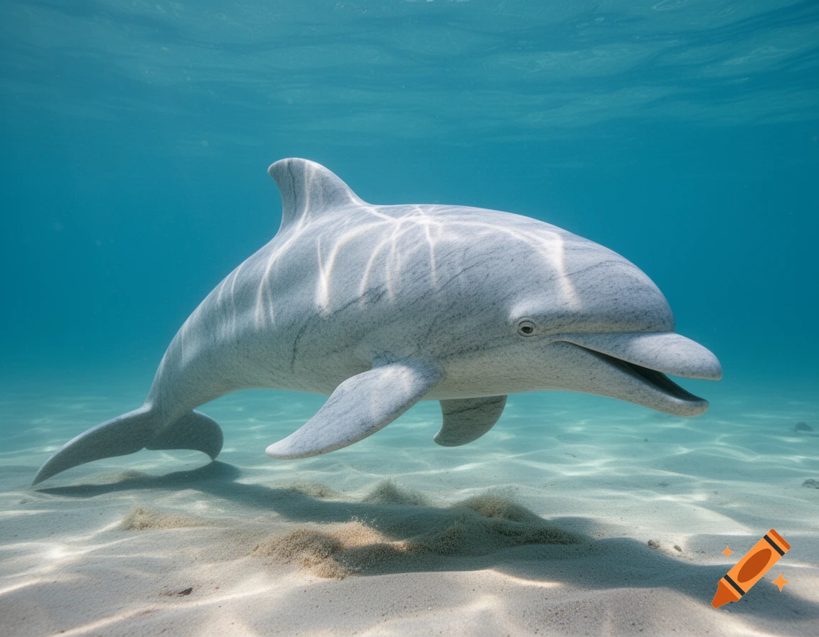 A photorealistic image of a stone dolphin statue resting on its belly on a sandy underwater seabed, with light rays shimmering through the clear blue water.