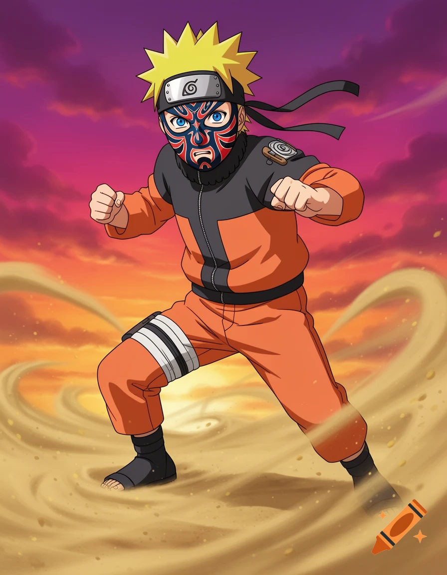Anime character Naruto in orange outfit and lucha libre mask, striking a pose in a sandy landscape under a dramatic sky.
