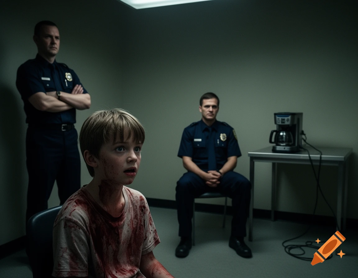 A young boy with a blood-stained shirt sits in a dark interrogation room with two police officers, one standing and one seated, and a coffee maker on a table.