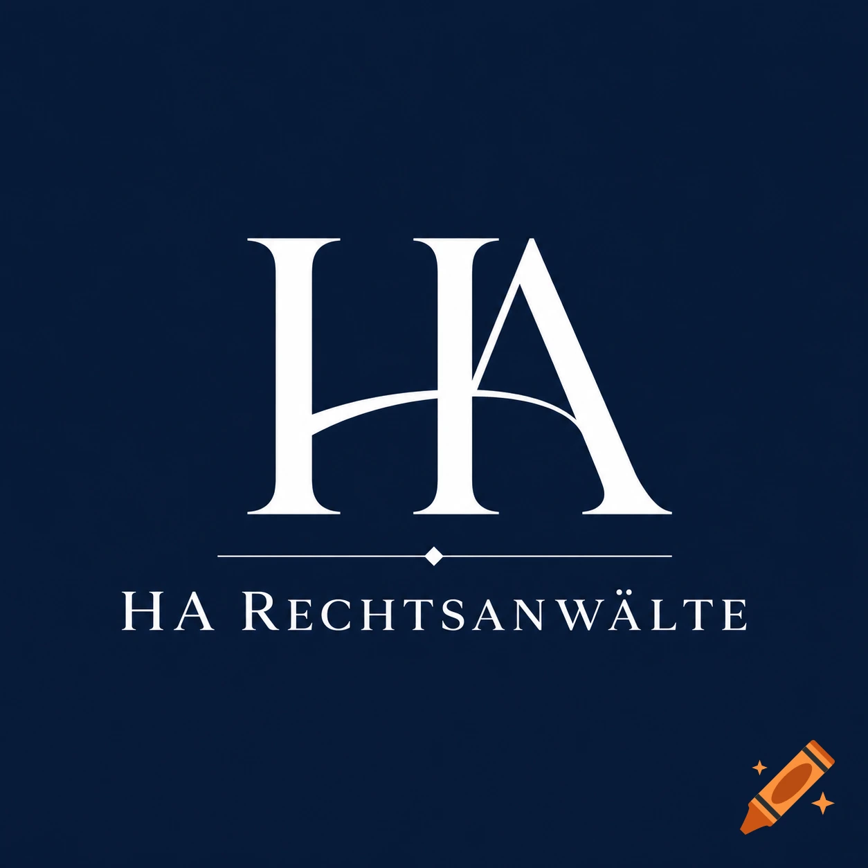 A minimalist dark blue logo with a large white 'HA' and 'HA RECHTSANWÄLTE' text below, separated by a line with a diamond icon.
