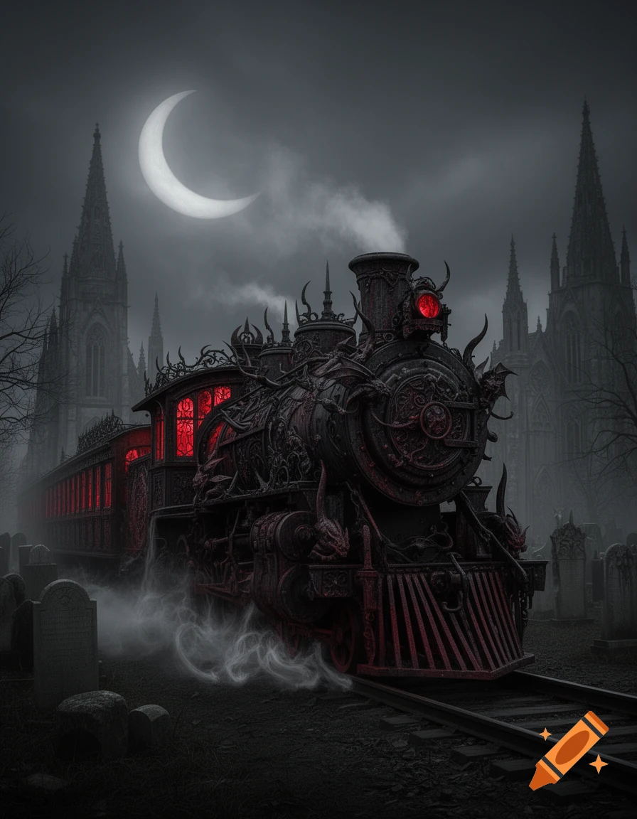 A dark, ornate gothic train with glowing red windows and a headlamp sits on tracks in a misty graveyard, surrounded by spired buildings under a crescent moon in a dark, cloudy sky.