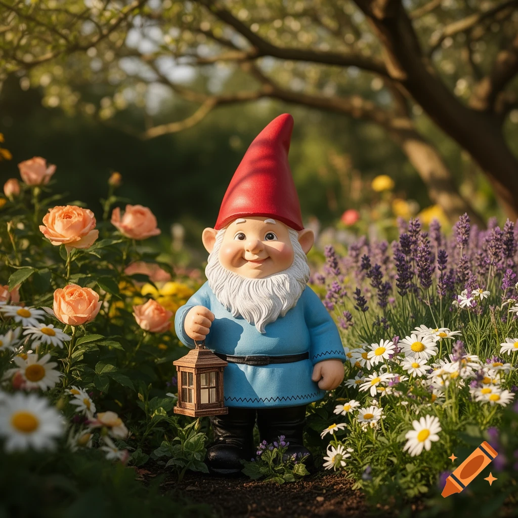 Photorealistic garden gnome with a red hat and blue tunic, holding a lantern, standing on a path in a lush flower garden.