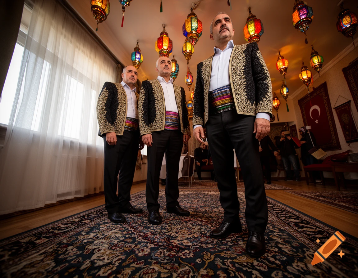 Three men in black and gold traditional Turkish jackets and colorful sashes stand in a room with hanging lanterns and a Turkish flag.
