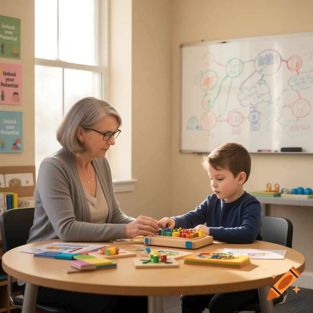 A woman and a young boy interact with colorful educational toys at a round table in a bright room.
