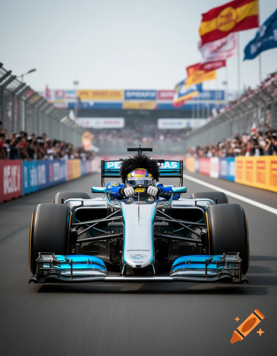 A photorealistic front-facing view of a Formula One car on a racetrack, with a driver wearing a helmet with a spiky hairstyle, surrounded by cheering crowds and flags.