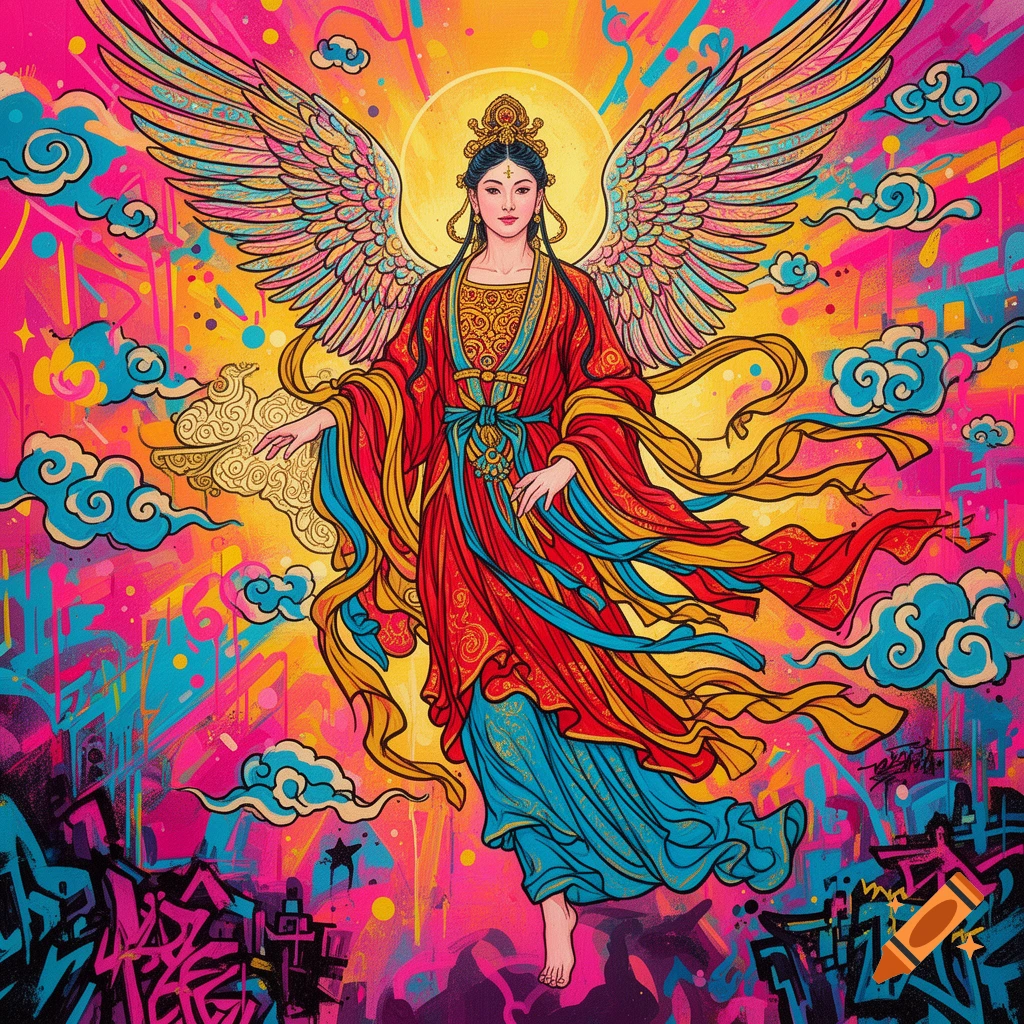 A vibrant pop art illustration of a celestial woman with colorful wings and a halo, dressed in traditional red and gold Chinese attire, floating amidst bright pink and yellow graffiti with blue clouds.
