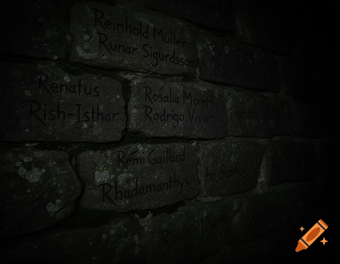 Close-up of a dimly lit, damp stone dungeon wall with names like "Reinhold Müller" and "Rish-Ishtar" crudely carved into the rough rock.