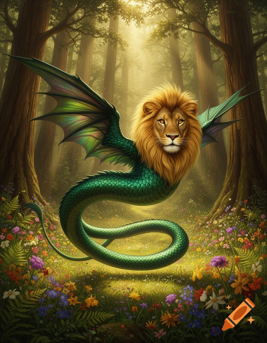 A majestic creature with a lion's head, green dragon wings, and a snake's body hovers in an enchanted forest filled with wildflowers.