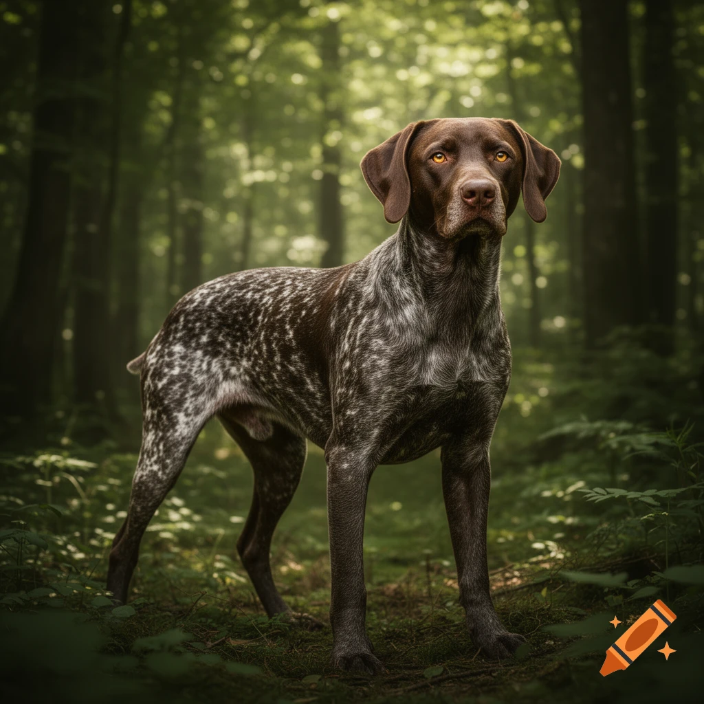 A majestic German Shorthaired Pointer-like dog with brown head and speckled body stands in a lush, dappled forest.