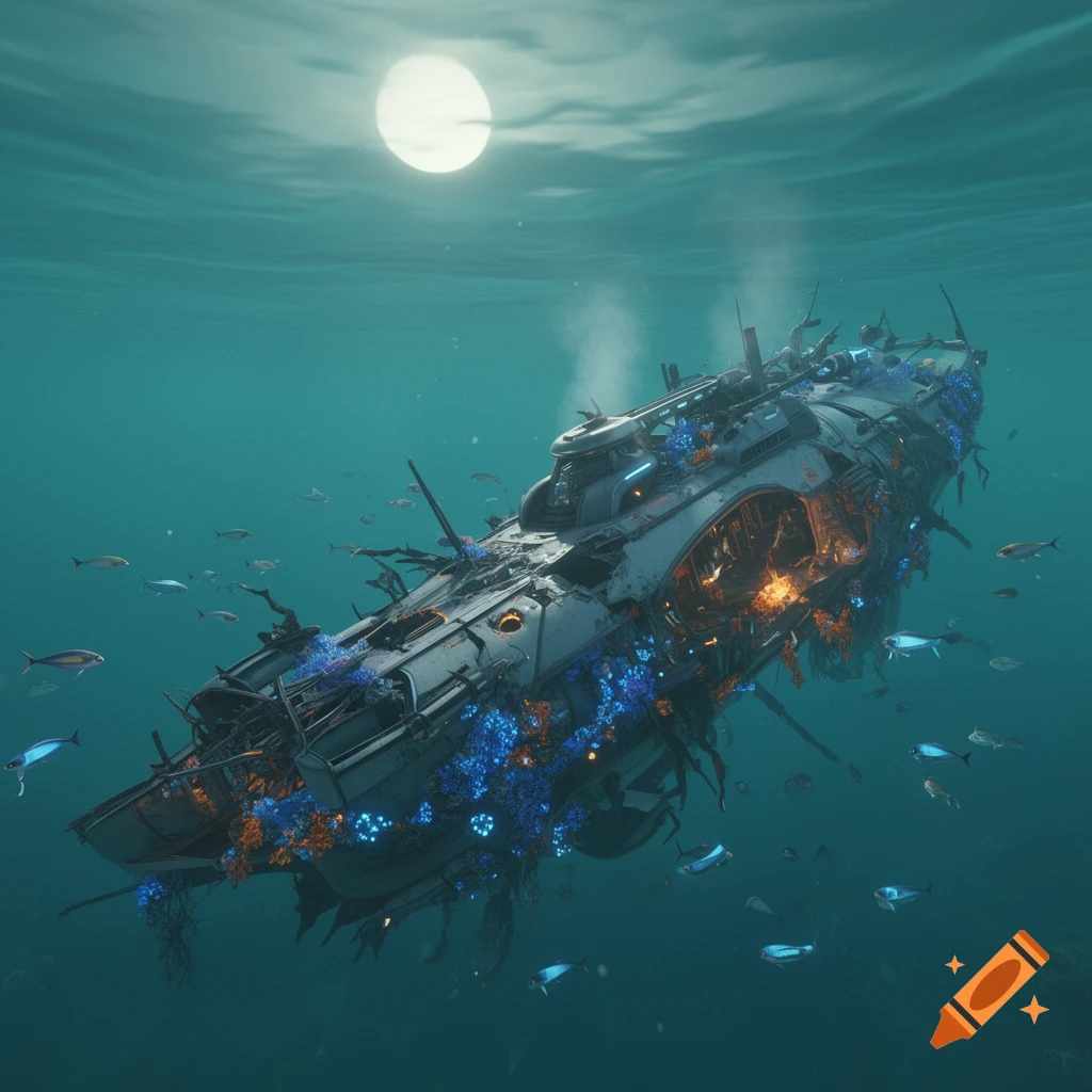 A large, futuristic shipwreck, encrusted with blue and orange coral, rests on the ocean floor with small fish swimming around it. A bright moon shines through the water's surface.