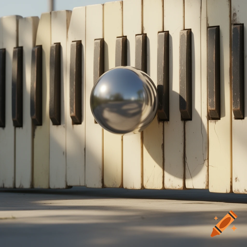A metallic sphere casts a shadow on a fence made of weathered, aged piano keys in natural light.
