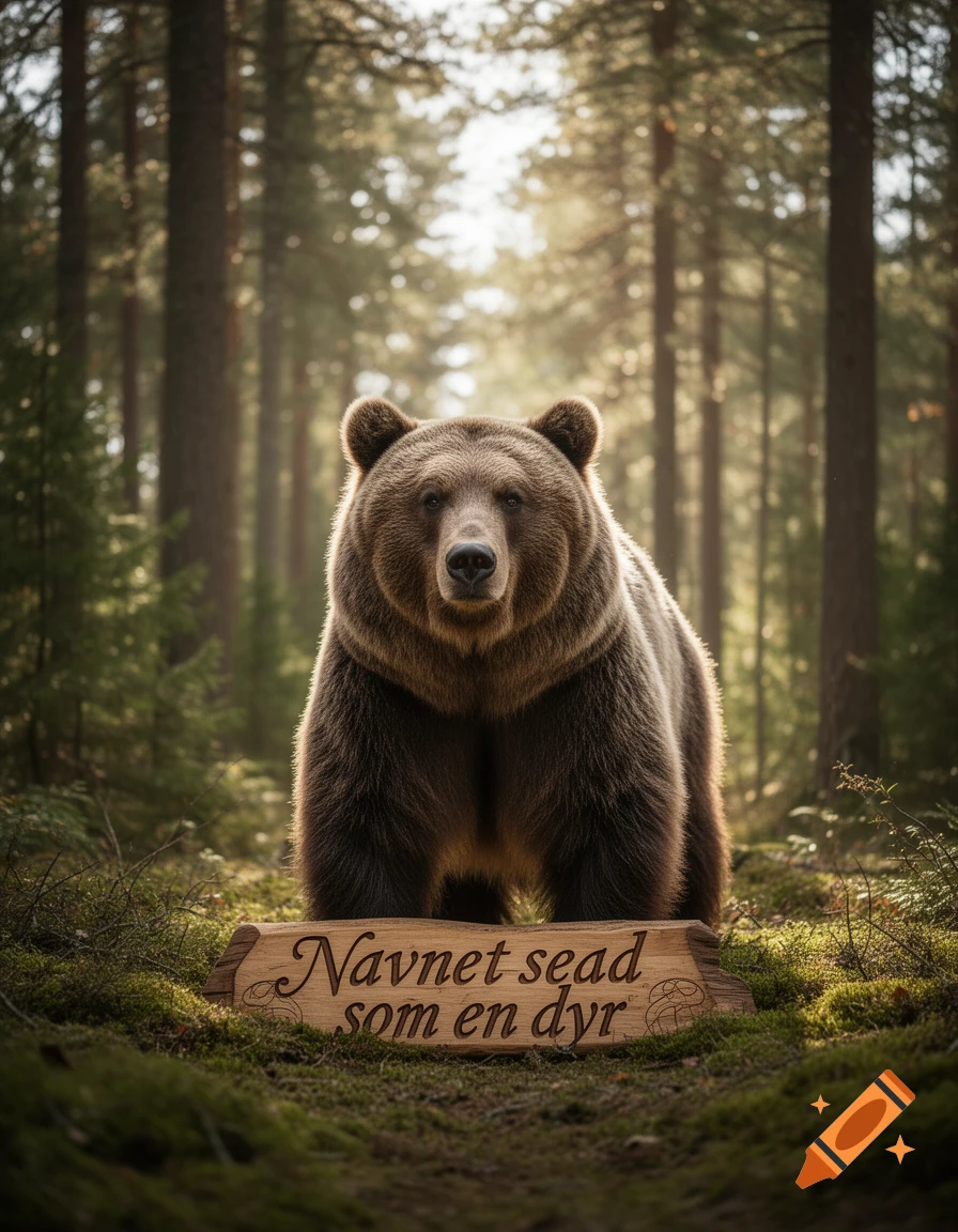 A photorealistic brown bear stands front and center in a sunlit forest, with a wooden sign at its feet.