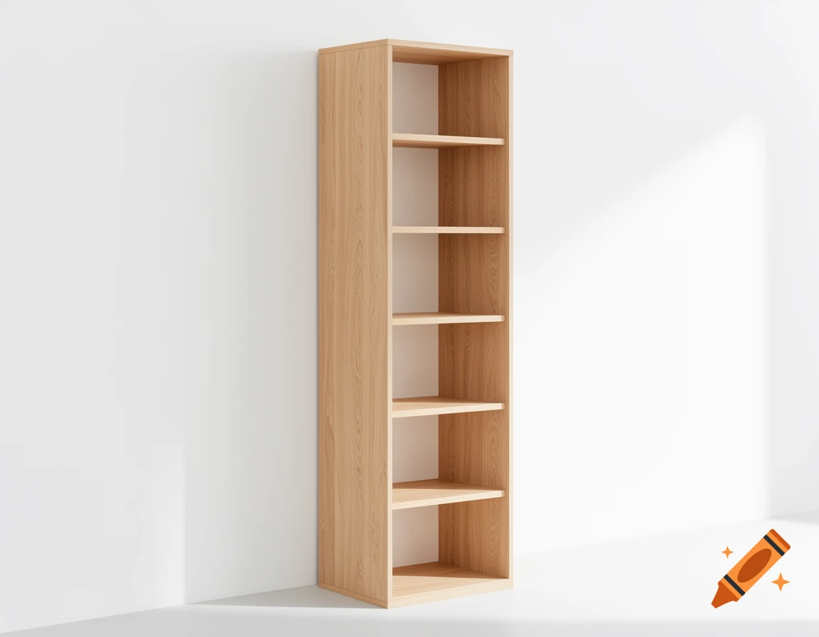 A tall, narrow light oak wood bookcase with six shelves standing against a white wall in a brightly lit room.