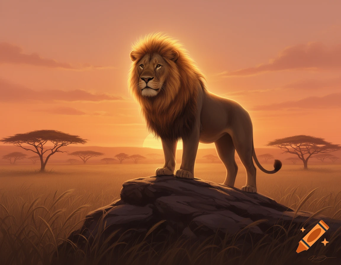 A majestic male lion stands on a rock at sunset in a golden savanna ...