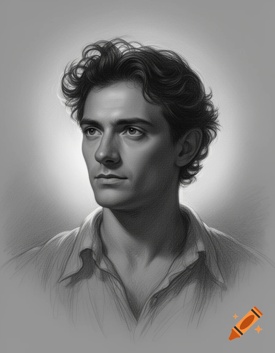 A detailed graphite sketch portrait of a young man with curly dark hair looking thoughtfully to the left.