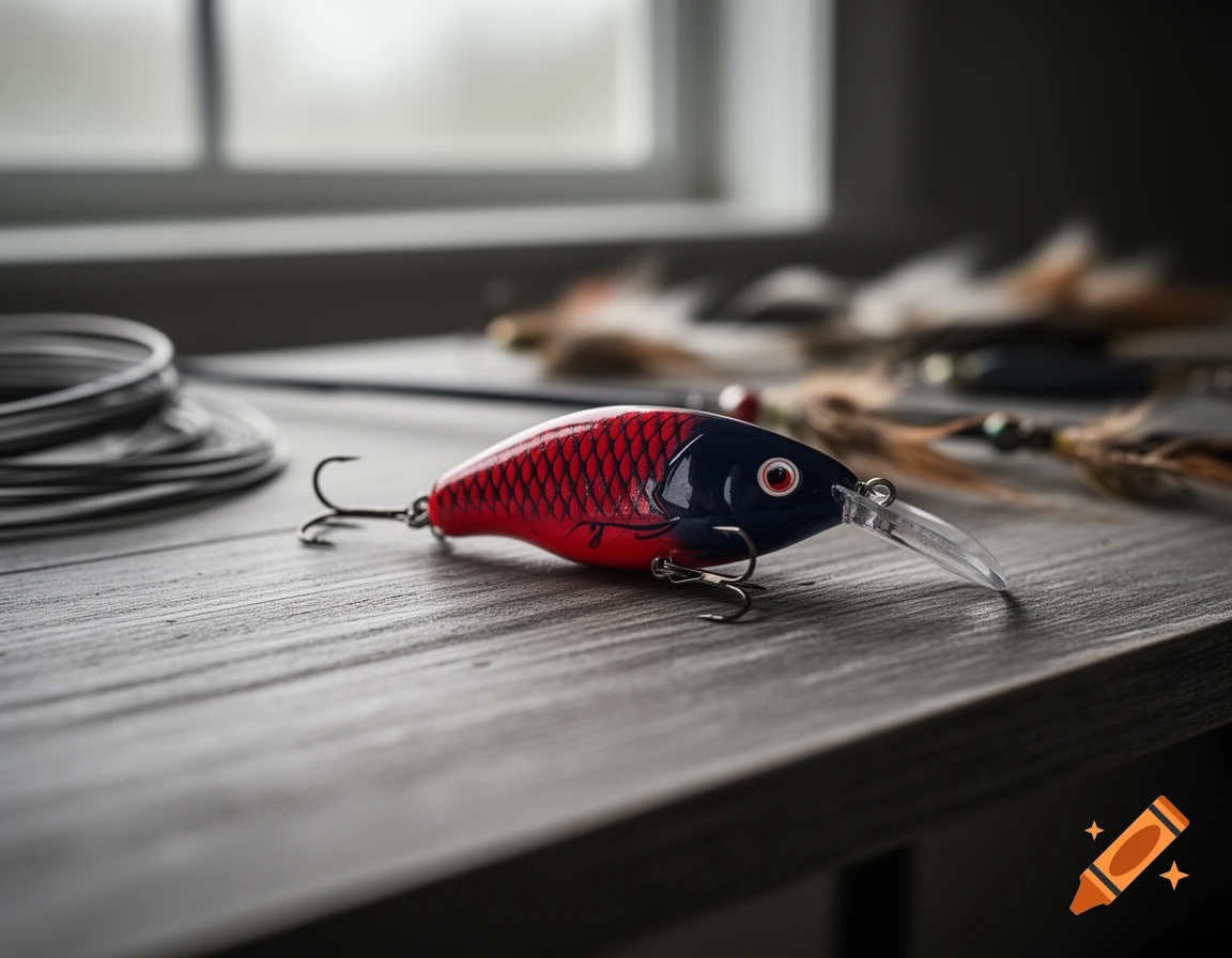 A red and black fishing lure with hooks and a clear lip sits on a wooden surface, with blurred fishing supplies in the background.