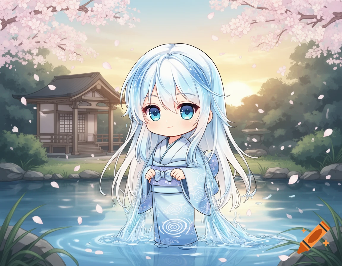 A cute chibi water spirit girl with long white hair and blue eyes stands in a pond, wearing a light blue kimono with ripple patterns, set against a Japanese shrine and cherry blossoms at sunset in an anime style.