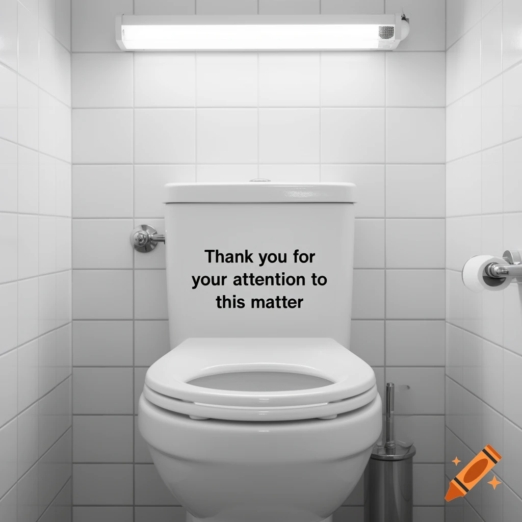A photorealistic image of a white toilet in a tiled bathroom, with 'Thank you for your attention to this matter' written on the tank.