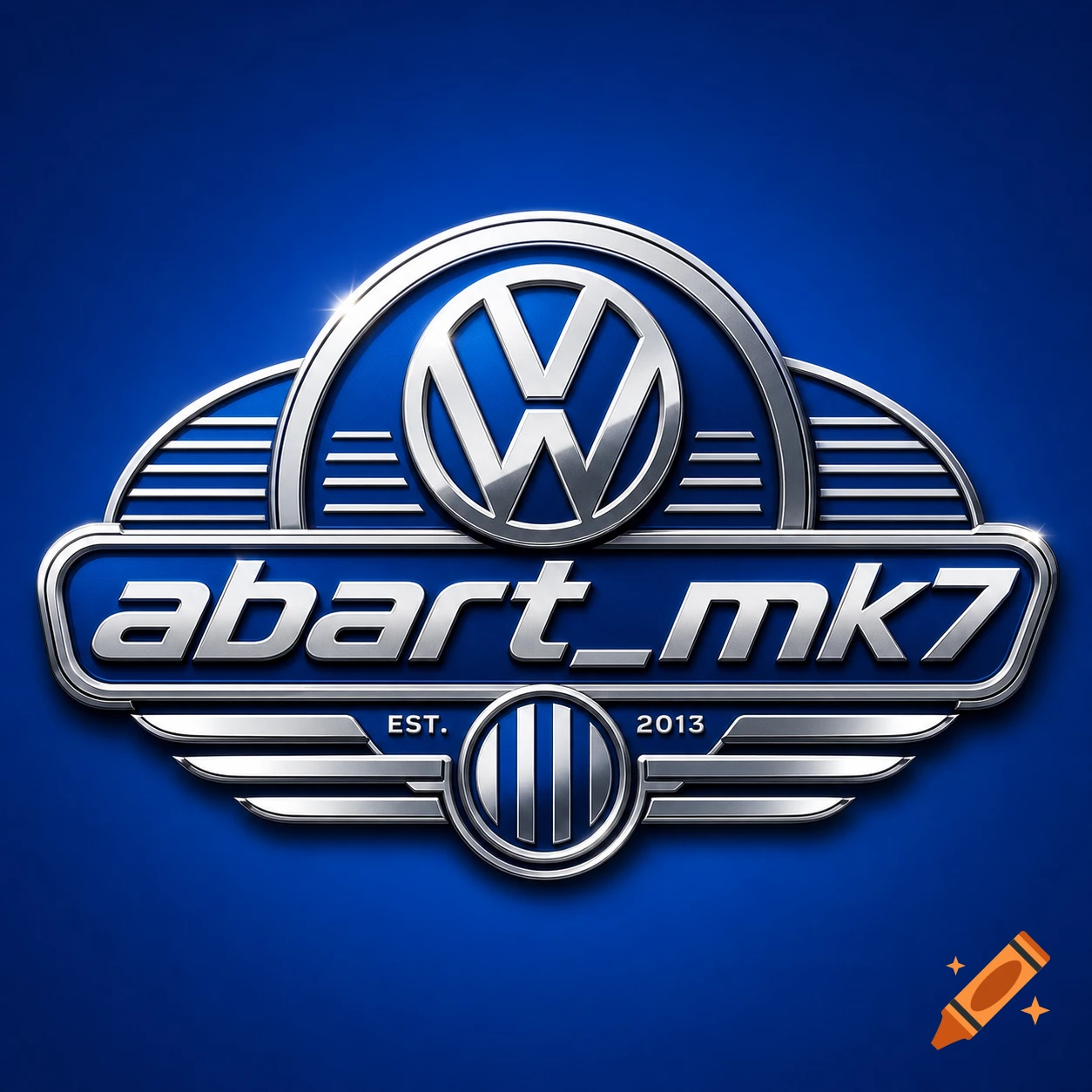 Chrome and blue automotive logo featuring 'abart_mk7' text, a stylized VW symbol, and 'EST. 2013' on a textured blue background.