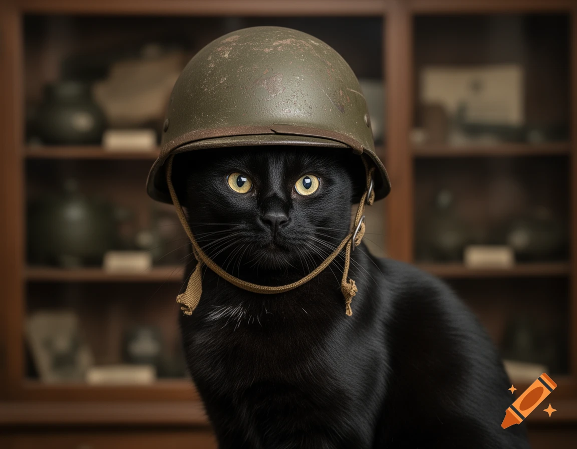 A black cat wearing a distressed olive green military helmet with a chin strap, staring directly with bright yellow eyes.