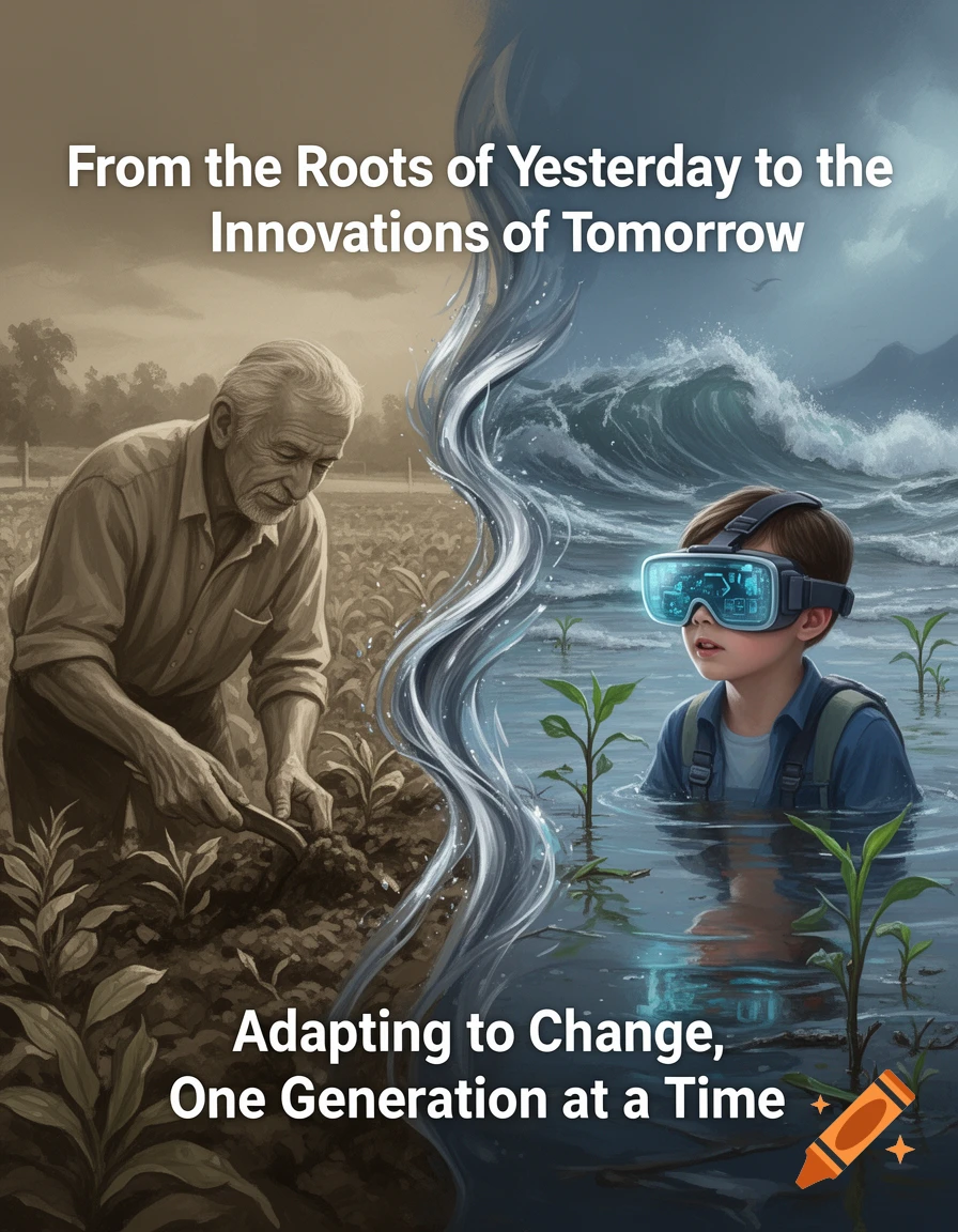A split image depicts an old man farming on the left and a boy wearing VR goggles standing in water on the right, separated by a swirling water column. Text reads "From the Roots of Yesterday to the Innovations of Tomorrow" and "Adapting to Change, One Generation at a Time."