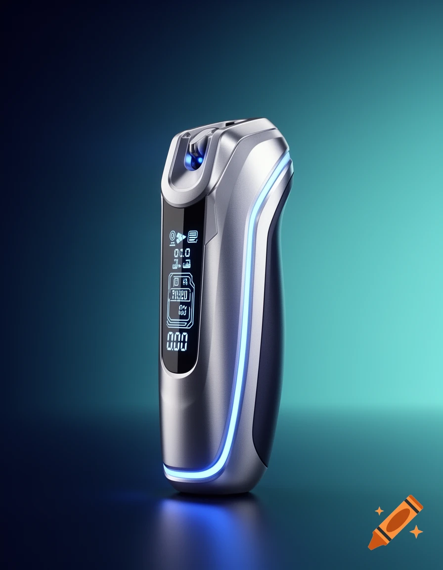 A sleek, metallic futuristic device with blue glowing lights and a digital display, against a blue and teal gradient background.