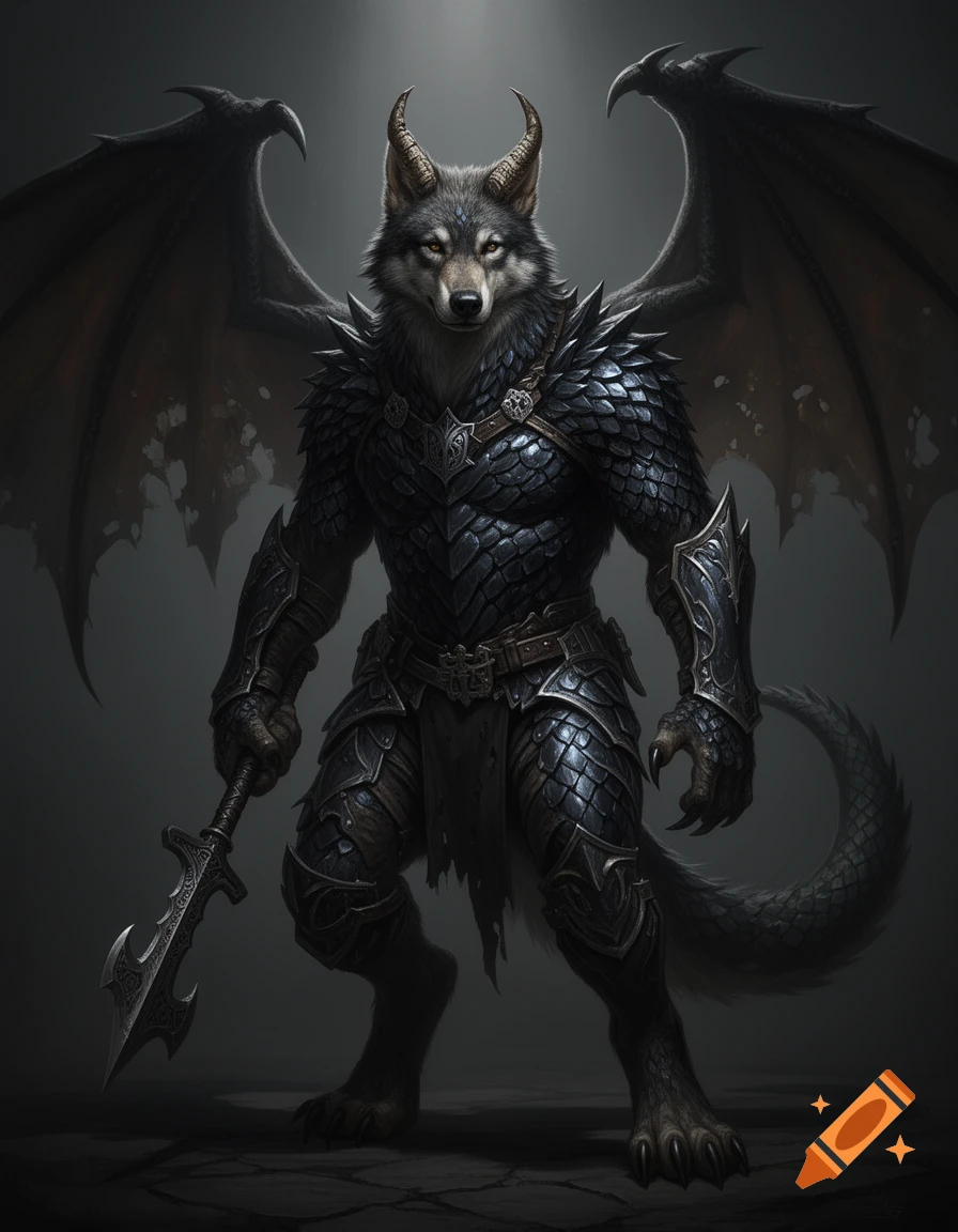 A powerful anthropomorphic wolf-dragon warrior in dark scale armor and large wings holds a spear, in a dramatic dark fantasy style.
