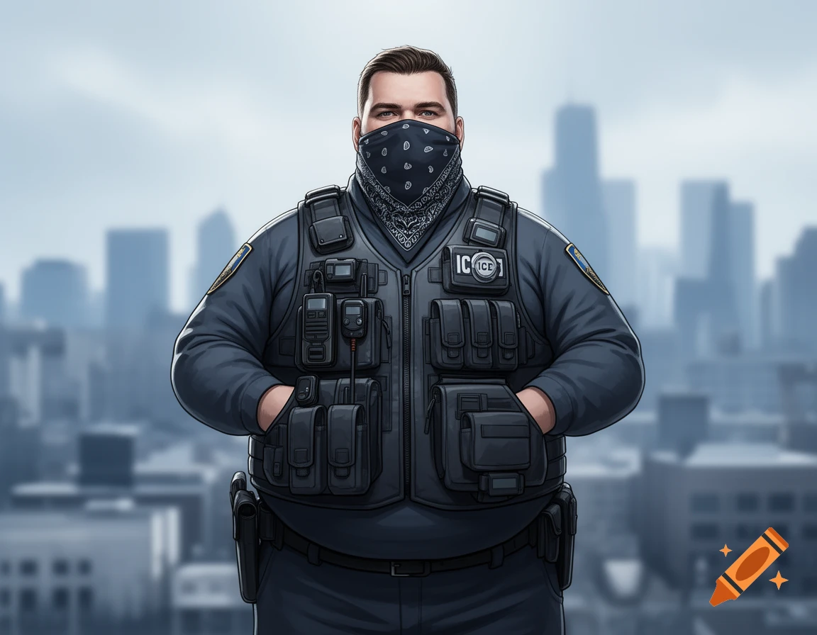Illustration of a stout law enforcement officer in a tactical vest and bandana mask, standing against a city skyline.