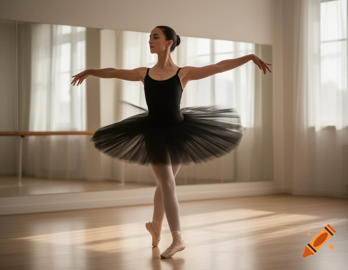 A female ballerina in a black leotard and tutu stands en pointe in a sunlit dance studio with mirrors and windows, photorealistic.
