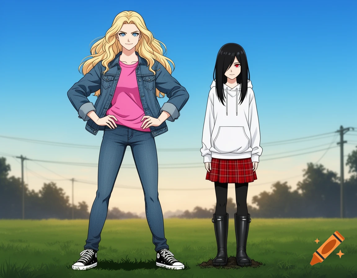 Two anime-style women stand in a grassy field with trees and power lines behind them. One has blonde hair and wears a denim jacket and jeans, while the other has black hair and wears a white hoodie and plaid skirt.
