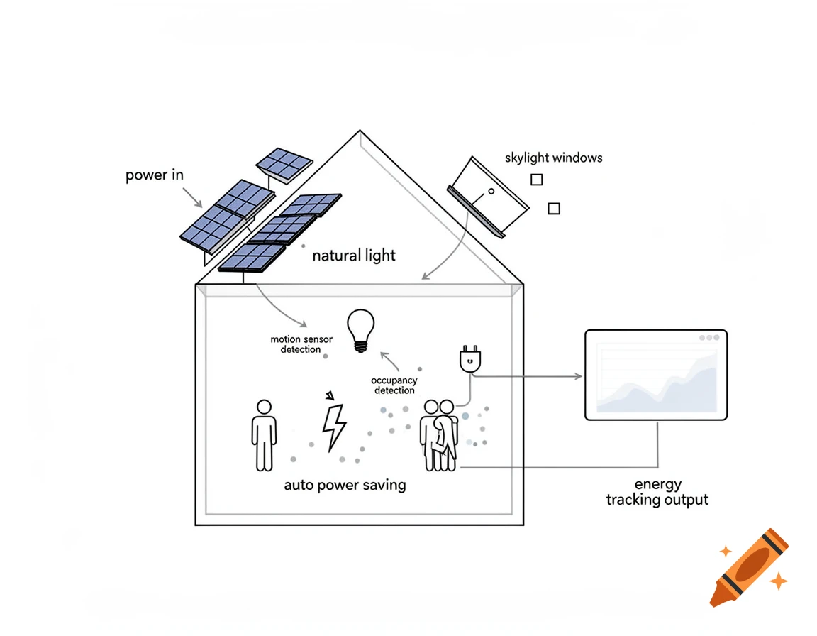 A simple line drawing diagram illustrating a smart energy house with solar panels, skylights, sensors, and an energy tracking screen.