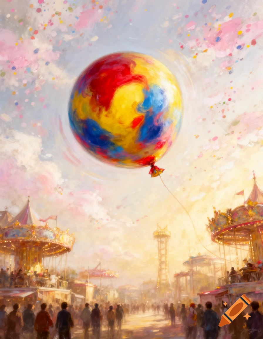 A large, abstractly painted red, yellow, and blue balloon floats over a bustling impressionistic carnival scene with carousels and crowds.