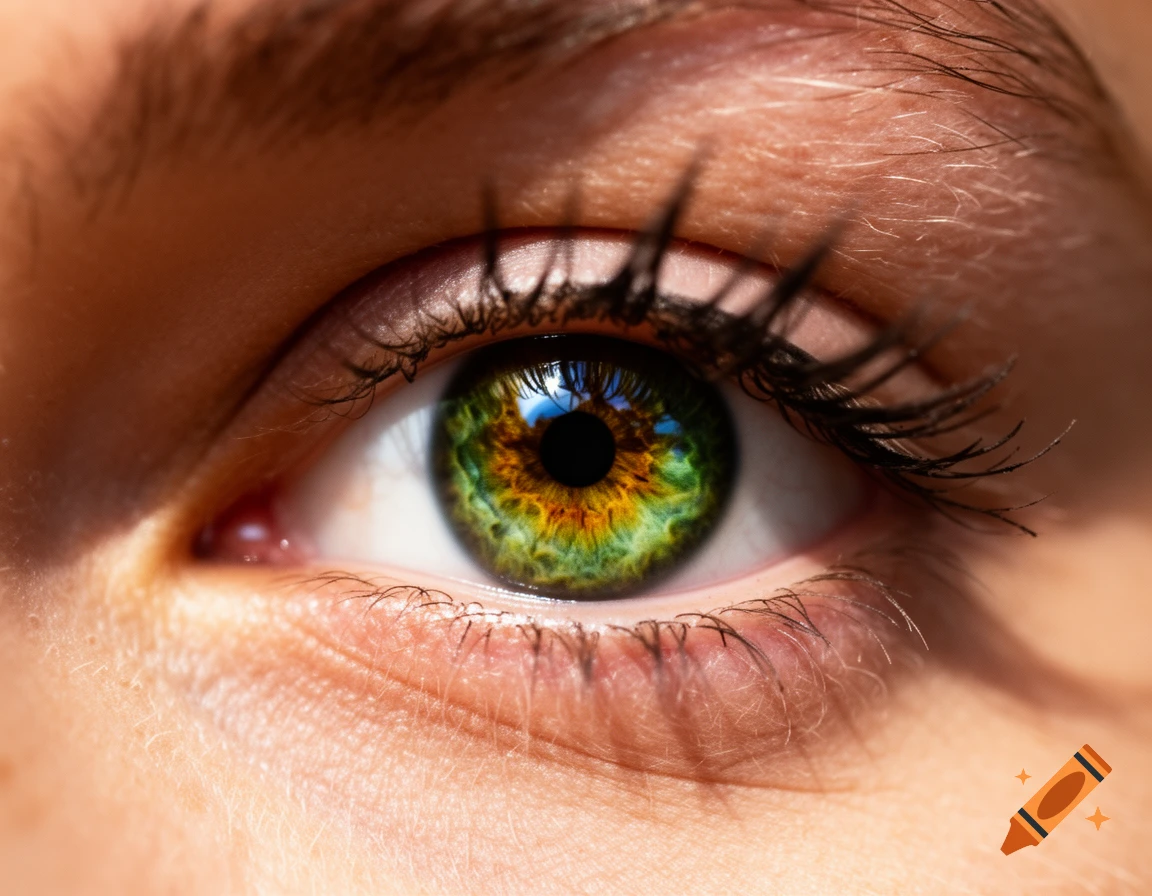 Extreme close-up of a human eye with a vibrant green and yellow iris and long dark eyelashes.