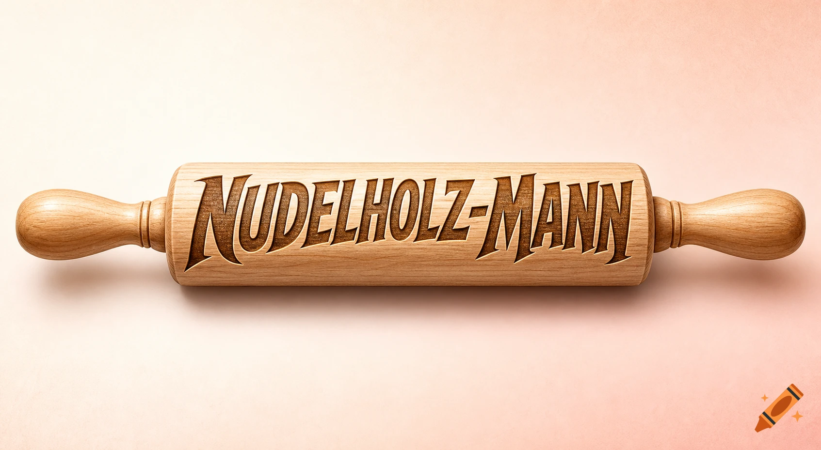 A wooden rolling pin with "NUDELHOLZ-MANN" carved in bold letters across its surface, centered on a light pink background.