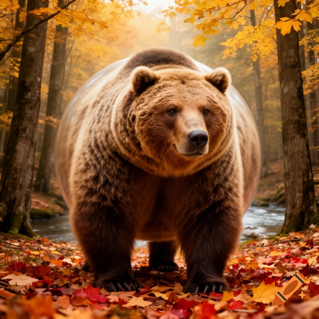 A massive, inflated brown bear stands on a forest floor covered in vibrant autumn leaves.