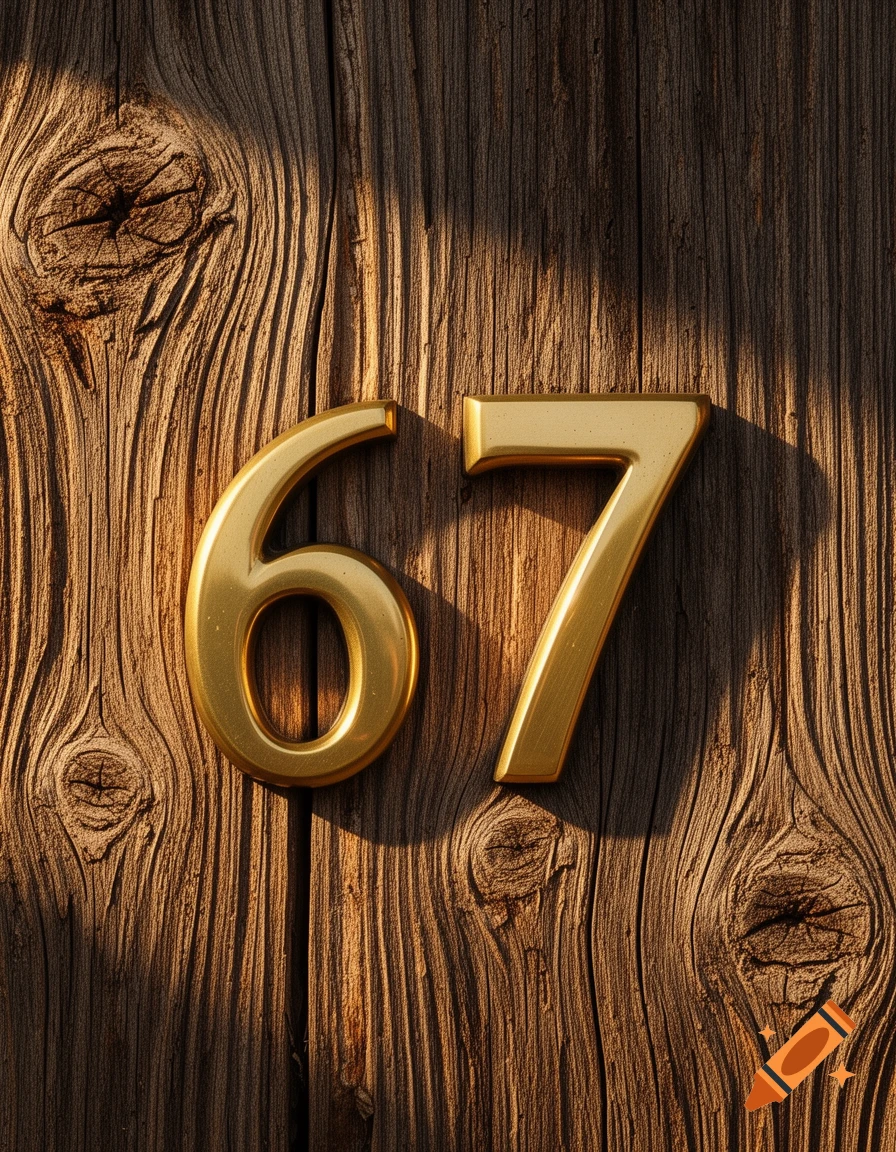 Golden numbers 67 affixed to a rustic wooden surface, illuminated by strong sunlight and shadows.