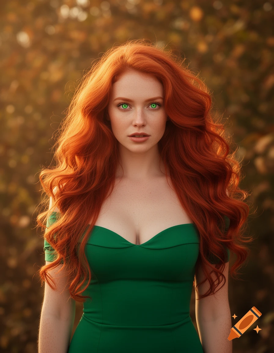 A photorealistic portrait of a red-haired woman with bright green eyes, wearing a green off-shoulder dress, against a blurred autumn foliage background.