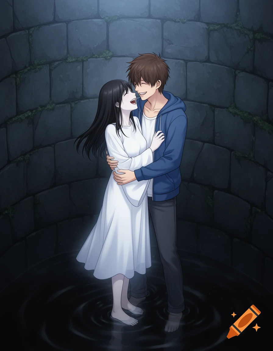 An anime image of a man and a ghost woman embracing and laughing in a dark stone well with shallow water.