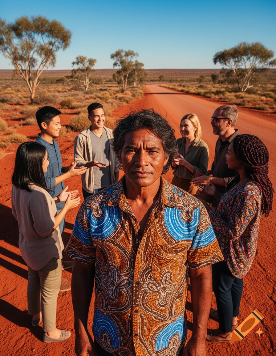 A diverse group of people stands on a red dirt road in an arid, sunny landscape. A man in a patterned shirt is in the foreground.