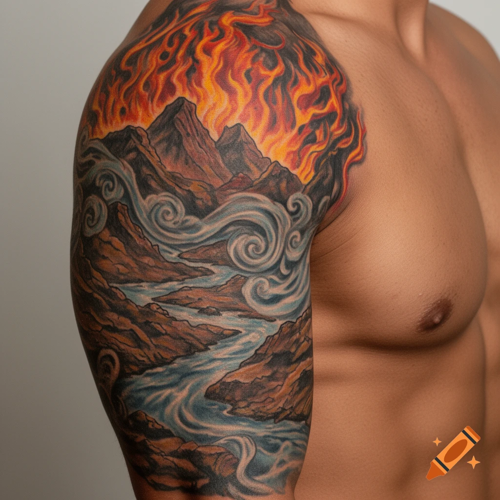 Vibrant tattoo on a man's arm and shoulder depicting mountains, a winding river, and fiery flames above.