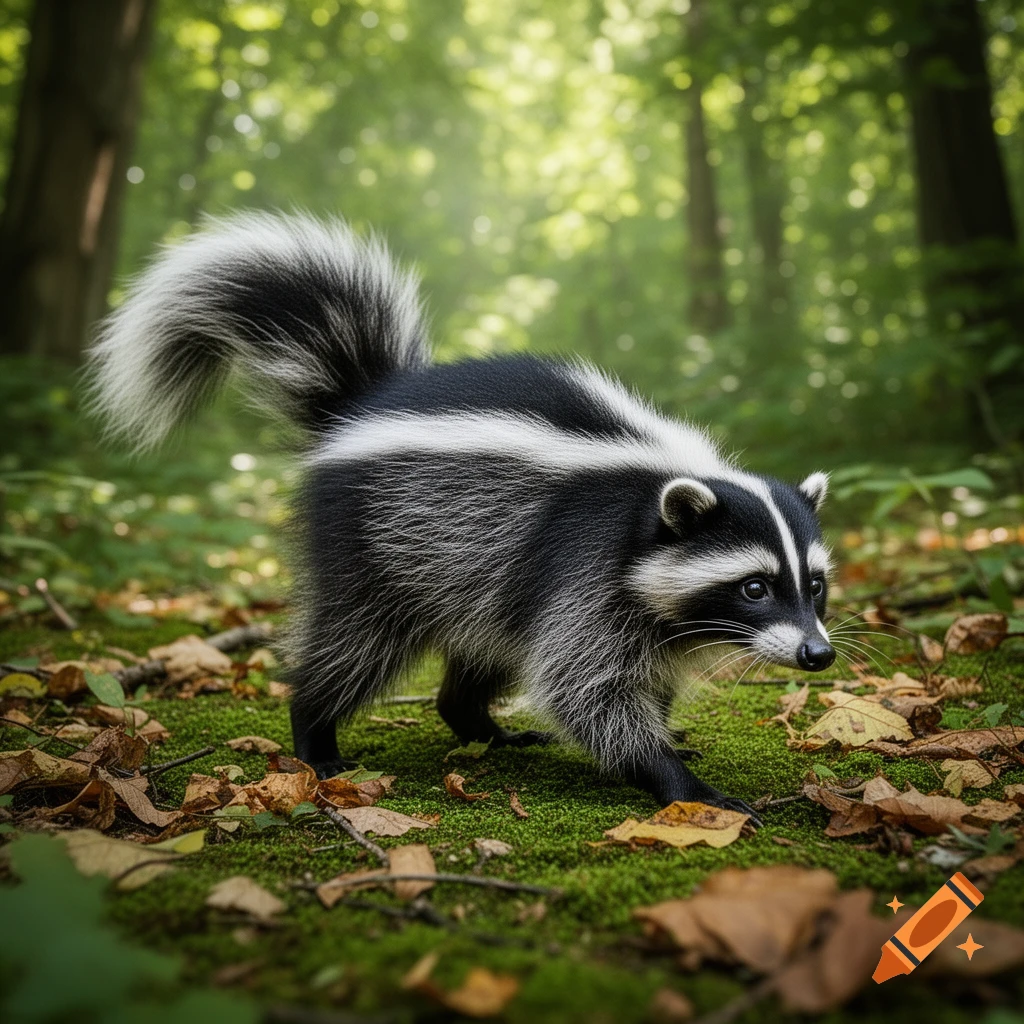 A photorealistic skunk-raccoon hybrid with black and white fur walks on mossy ground covered with fallen leaves in a sunlit forest.