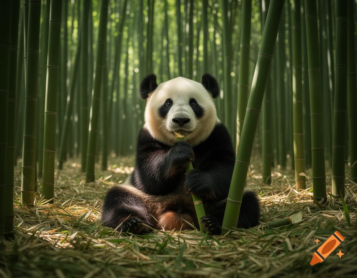 A fluffy panda sits and eats bamboo in a lush, green bamboo forest ...