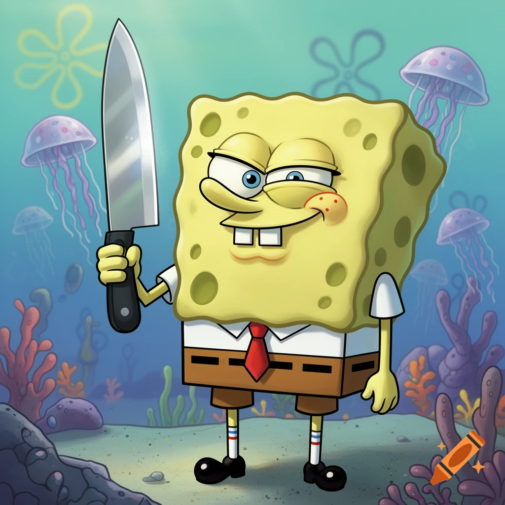 Mischievous SpongeBob Squarepants holding a large kitchen knife in a vibrant cartoon underwater scene with jellyfish and coral.