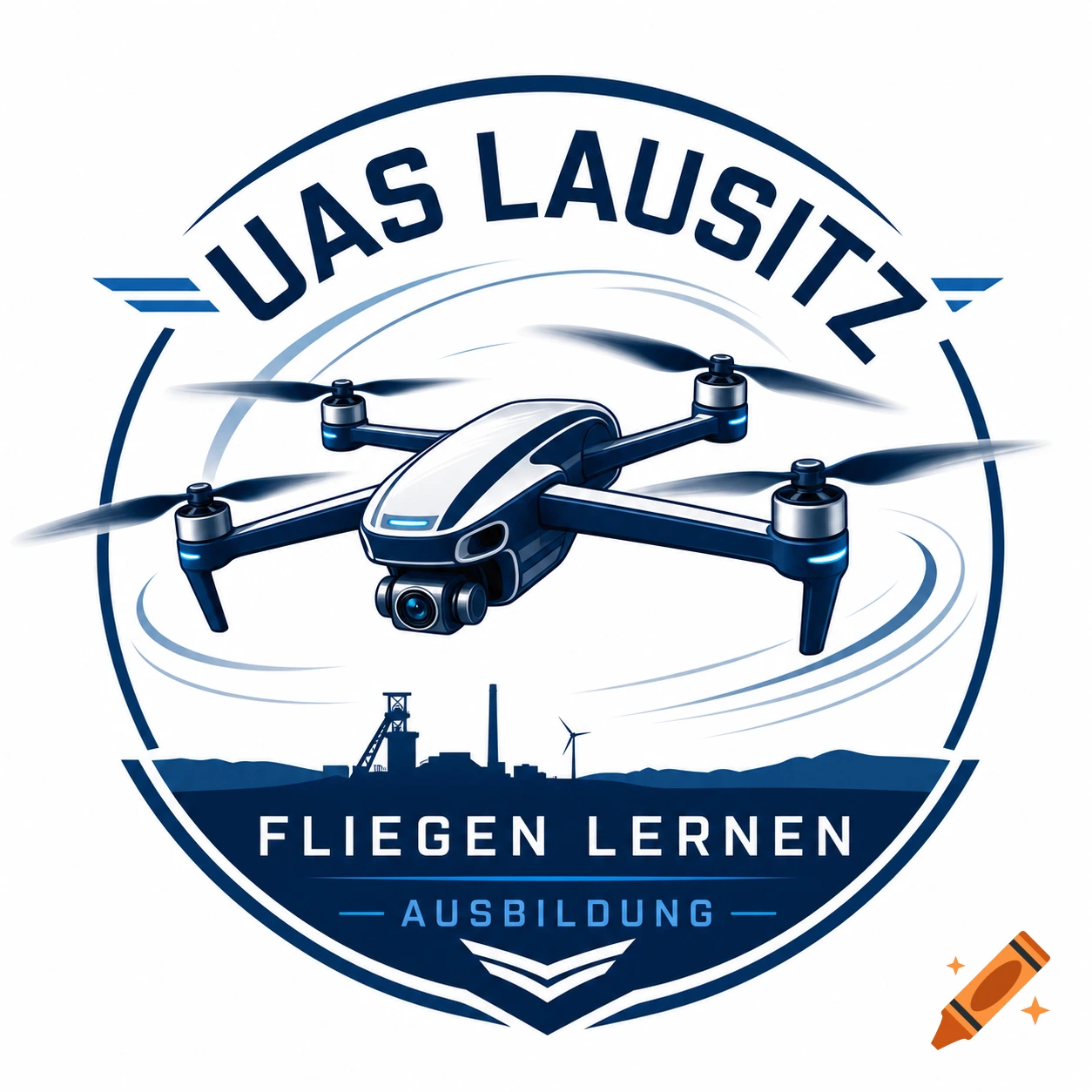 A blue and white drone logo with text UAS LAUSITZ, FLIEGEN LERNEN, and AUSBILDUNG, with a cityscape background.